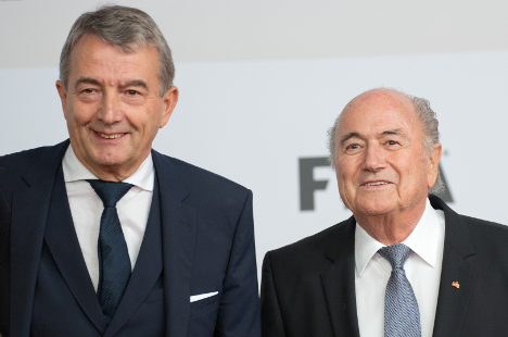 Wolfgang Niersbach and Sepp Blatter all smiles in 2014. Photo: DPA